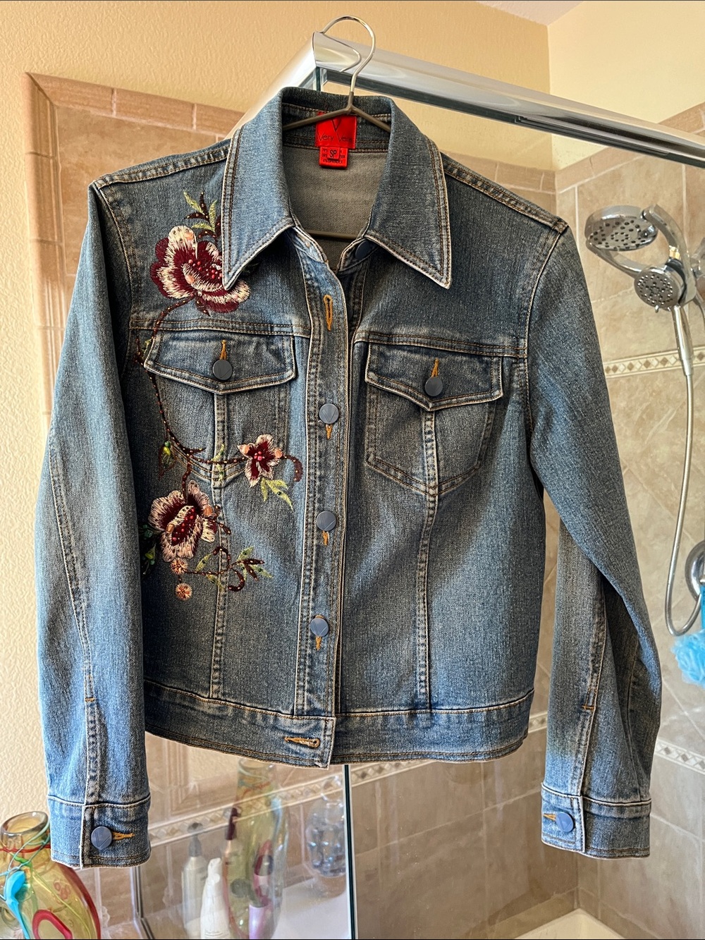 Women's Blue Embroidered Denim Jacket - Floral Detail